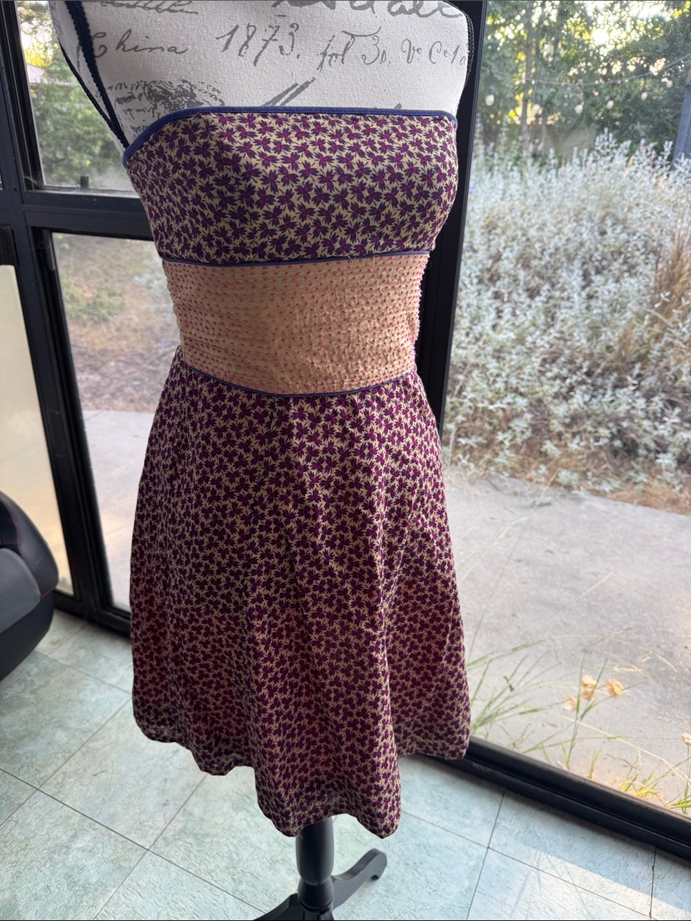 Free People Strapless Purple Floral Dress with Cream Smocked Waist. Size 4.